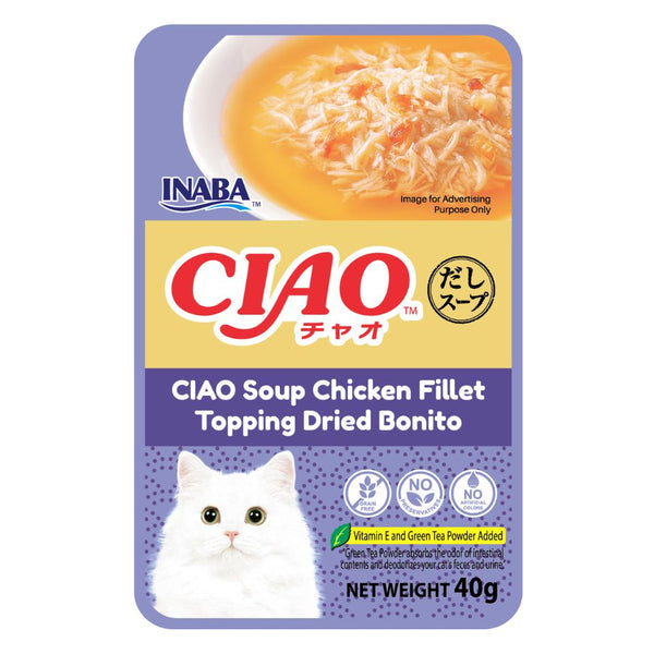 Ciao Clear Soup Pouch Chicken Fillet Topping Dried Bonito Wet Cat Food, 40g