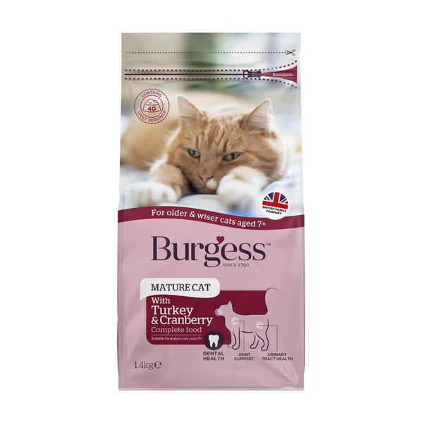 Burgess Mature Cat Turkey & Cranberry Dry Cat Food, 1.4kg