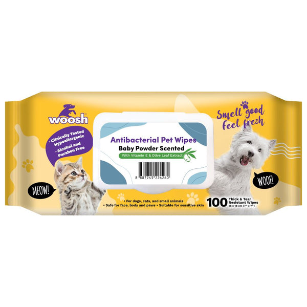Woosh Anti-bacterial Baby Powder Scented Pet Wipes, 100 Sheets