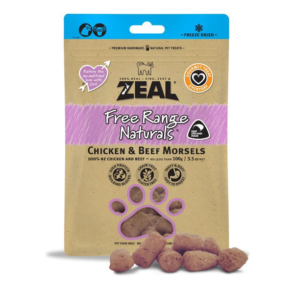 Zeal Free Range Naturals Chicken & Beef Morsels Freeze-Dried Pet Treats, 100g - Happy Hoomans