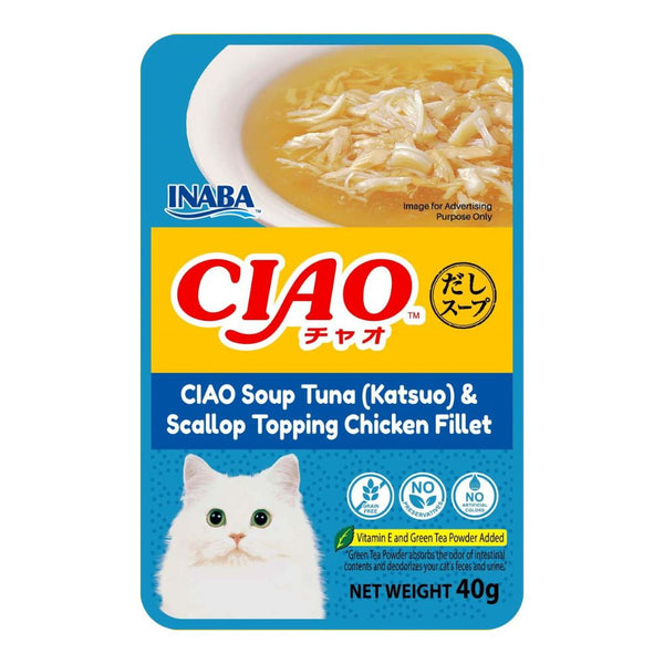 Ciao Clear Soup Pouch Katsuo & Scallop Topping Chicken Fillet Wet Cat Food, 40g