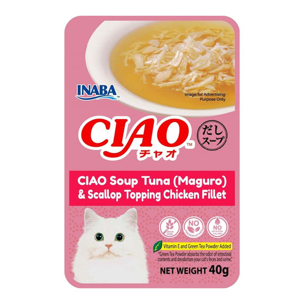 Ciao Clear Soup Pouch Maguro & Scallop Topping Chicken Fillet Wet Cat Food, 40g