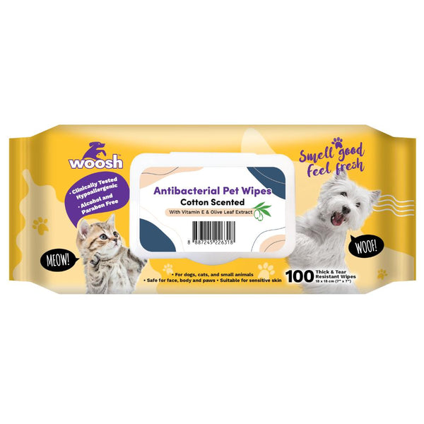 Woosh Anti-Bacterial Cotton Scented Pet Wipes, 100 Sheets