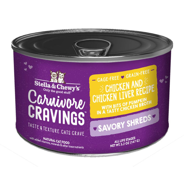 Stella & Chewy's Carnivore Cravings Grain-Free Savoury Shreds Chicken & Chicken Liver Dinner Wet Cat Food, 5.2oz