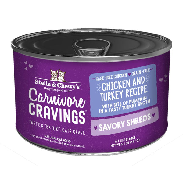 Stella & Chewy's Carnivore Cravings Grain-Free Savoury Shreds Chicken & Turkey Dinner Wet Cat Food, 5.2oz