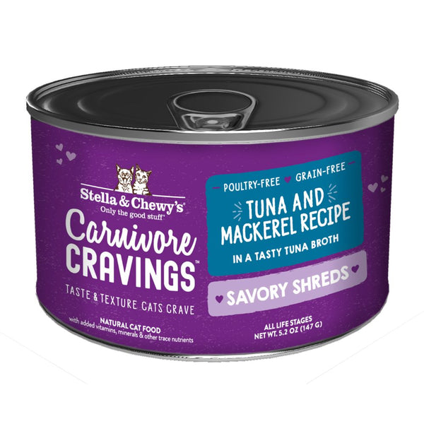Stella & Chewy's Carnivore Cravings Grain-Free Savoury Shreds Tuna & Mackerel Dinner Wet Cat Food, 5.2oz