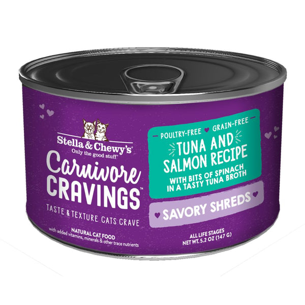 Stella & Chewy's Carnivore Cravings Grain-Free Savoury Shreds Tuna & Salmon Dinner Wet Cat Food, 5.2oz