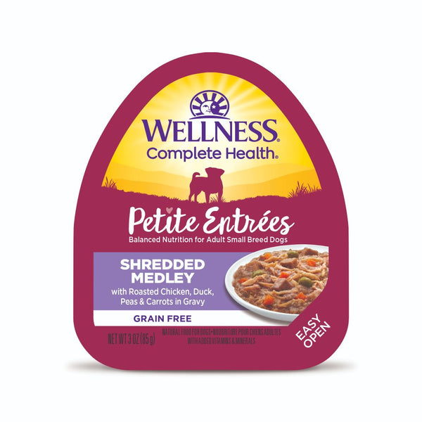 Wellness Petite Entrees Shredded Medley with Roasted Chicken, Duck, Peas & Carrots Grain-Free Wet Dog Food, 85g