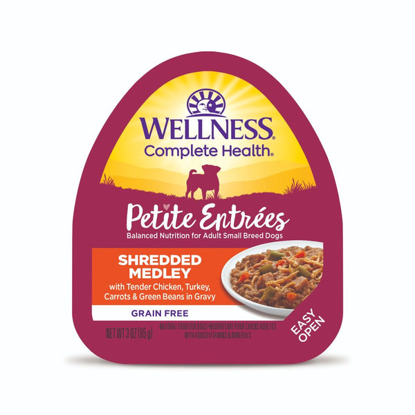 Wellness Petite Entrees Shredded Medley with Tender Chicken, Turkey, Carrots & Green Beans Grain-Free Wet Dog Food, 85g