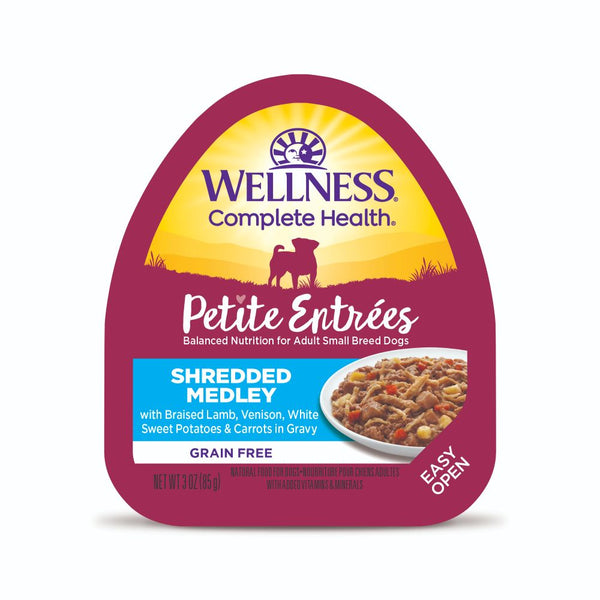 Wellness Petite Entrees Shredded Medley with Braised Lamb, Venison, White Sweet Potatoes & Carrots Grain-Free Wet Dog Food, 85g