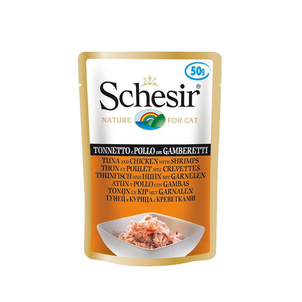 Schesir Tuna & Chicken with Shrimps in Jelly Pouch Wet Cat Food, 50g