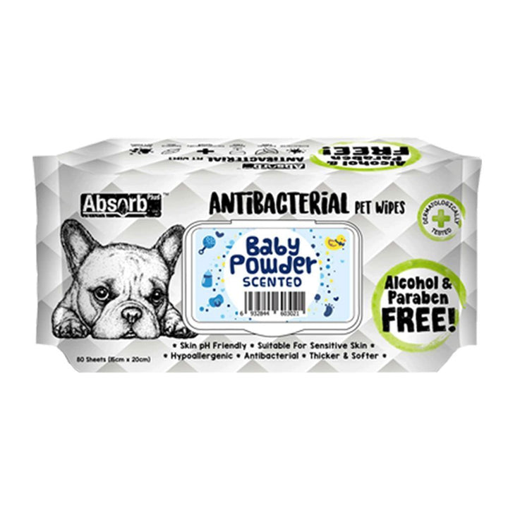 Absorb Plus Antibacterial Baby Powder Pet Wipes, 80 Sheets.Happy Hoomans 