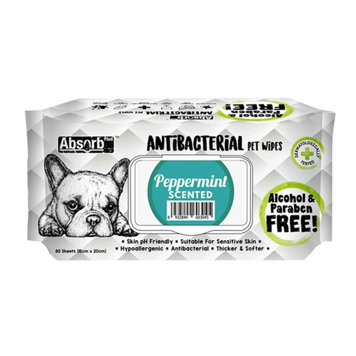 Absorb Plus Antibacterial Peppermint Pet Wipes, 80 Sheets.Happy Hoomans 