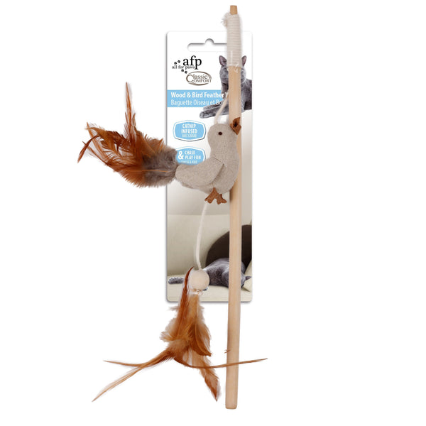 All For Paws Classic Comfort Wood & Bird Feather Wand Cat Toy.Happy Hoomans 