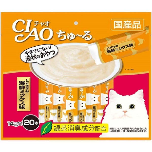 Ciao Churu Chicken Fillet Seafood Mix Creamy Cat Treats, 14g x 20.Happy Hoomans 