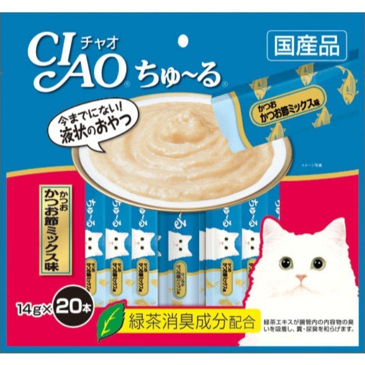 Ciao Churu Tuna Dried Bonito Mix Creamy Cat Treats, 14g x 20.Happy Hoomans 