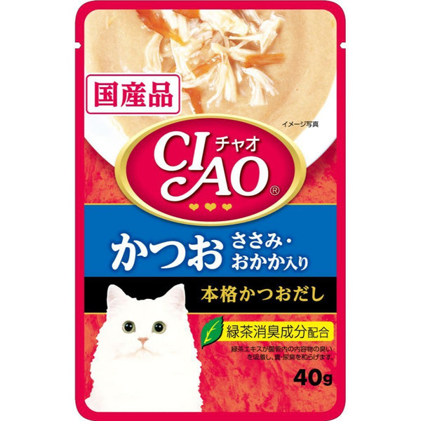 Ciao Creamy Soup Pouch Katsuo & Chicken Fillet Topping Dried Bonito Wet Cat Food, 40g - Happy Hoomans