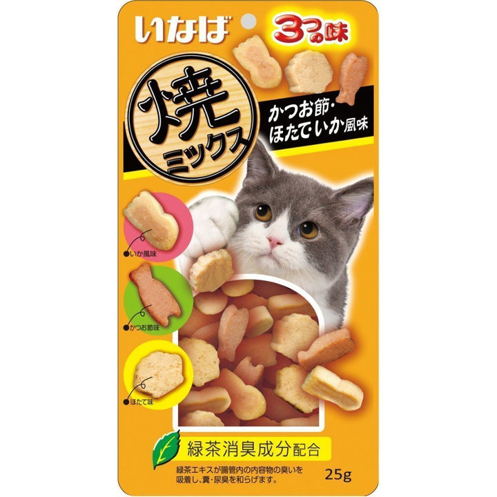 Ciao Soft Bits Mix Tuna & Chicken Fillet with Dried Bonito Scallop & Squid Flavor Cat Treats, 25g.Happy Hoomans 