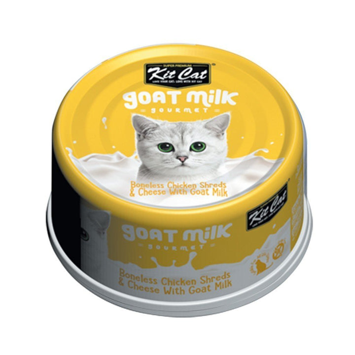 Kit Cat Goat Milk Gourmet Boneless Chicken Shreds & Cheese Canned Cat Food, 70g - Happy Hoomans