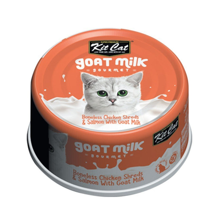 Kit Cat Goat Milk Gourmet Boneless Chicken Shreds & Salmon Canned Cat Food, 70g - Happy Hoomans