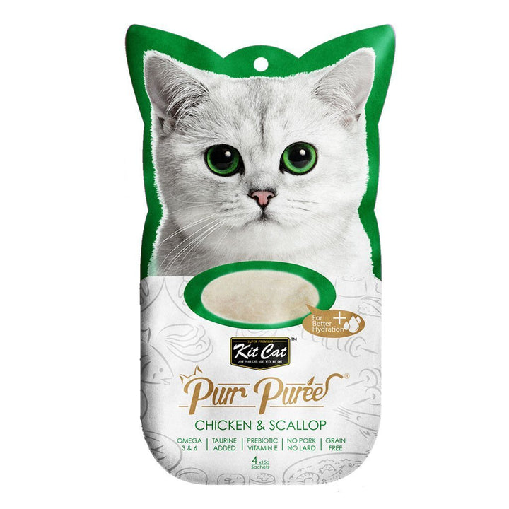Kit Cat Purr Puree Chicken & Scallop Cat Treats, 4 x 15g - Happy Hoomans
