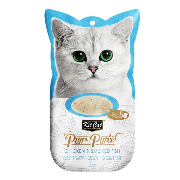 Kit Cat Purr Puree Chicken & Smoked Fish Treats, 4 x 15g - Happy Hoomans