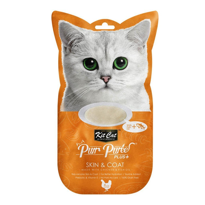 Kit Cat Purr Puree Plus+ Chicken & Fish Oil (Skin & Coat) Cat Treats, 4 x 15g - Happy Hoomans