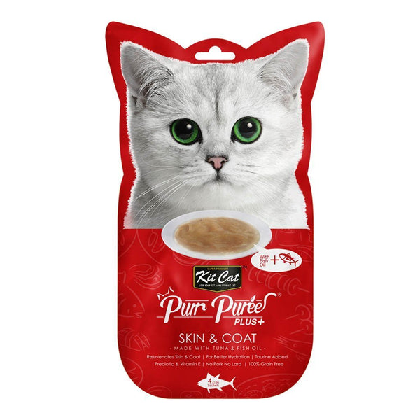 Kit Cat Purr Puree Plus+ Tuna & Fish Oil (Skin & Coat) Cat Treats, 4x15g - Happy Hoomans