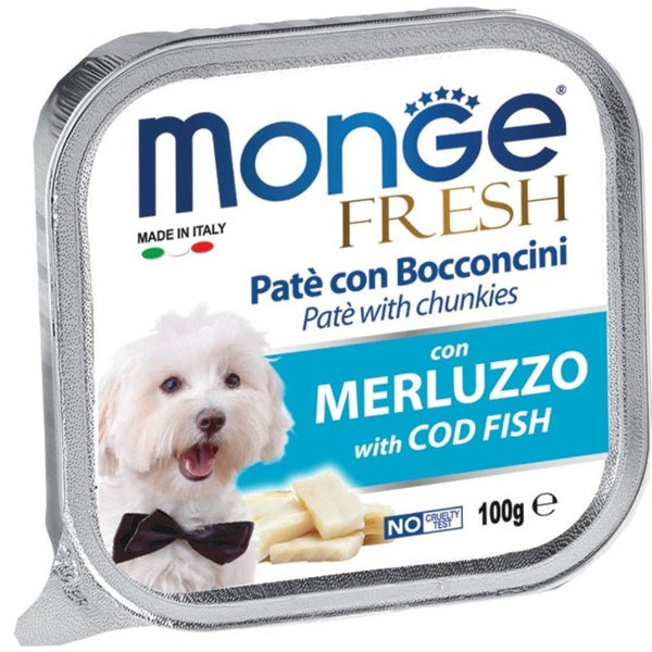 Monge Fresh Paté & Chunkies with Cod Fish Tray Dog Food, 100g - Happy Hoomans