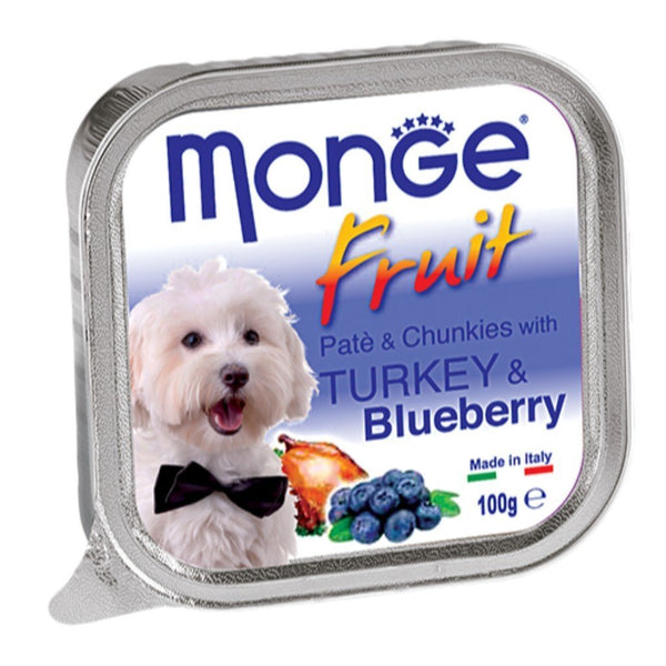 Monge Fruit Paté & Chunkies with Turkey & Blueberry Tray Dog Food, 100g - Happy Hoomans