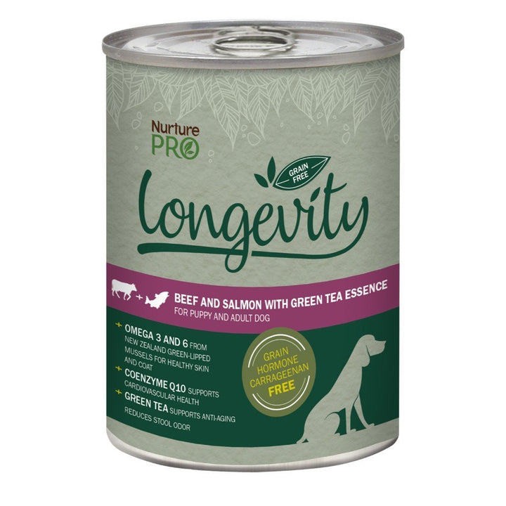 Nurture Pro Longevity Beef & Salmon with Green Tea Essence Grain-Free Canned Dog Food, 375g - Happy Hoomans