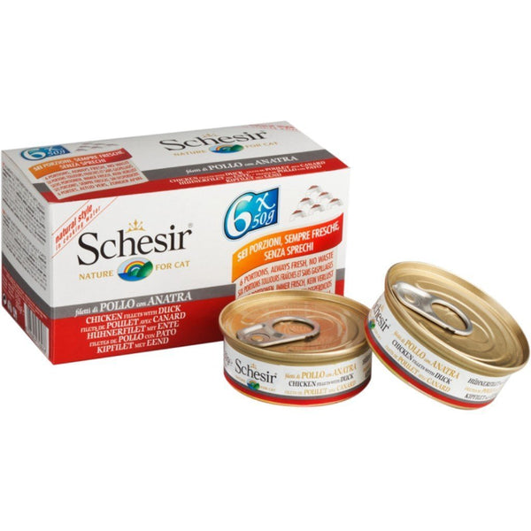 Schesir Multipack Natural Style Chicken Fillets with Duck in Water Canned Cat Food, 6x50g - Happy Hoomans