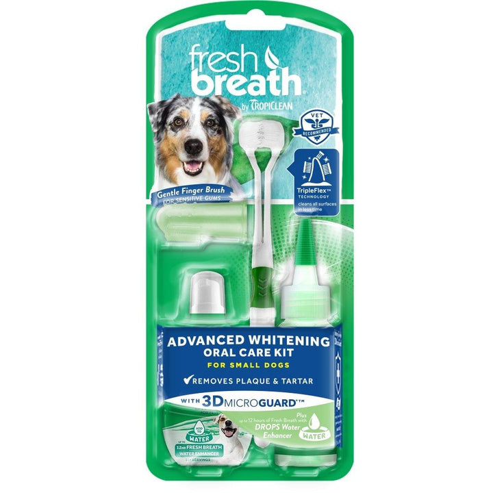 Tropiclean Fresh Breath Advanced Whitening Oral Care Kit for Dogs (2 Brush Sizes) - Happy Hoomans