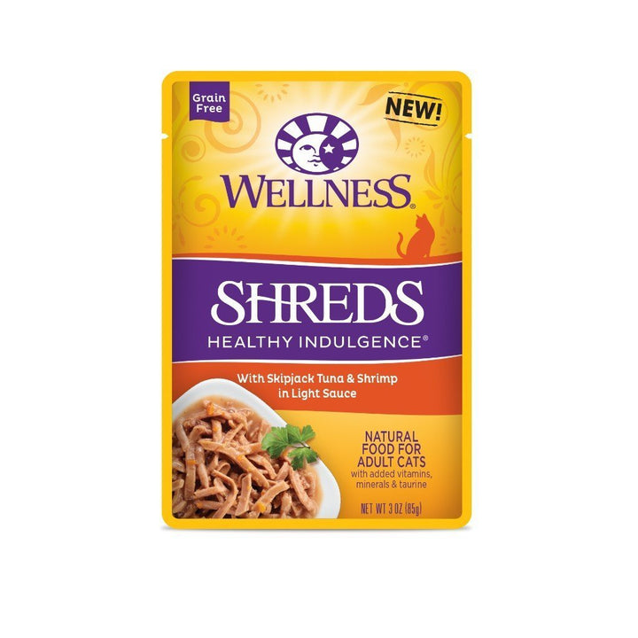 Wellness Healthy Indulgence Shreds with Tuna & Shrimp Grain-Free Wet Cat Food, 3oz - Happy Hoomans