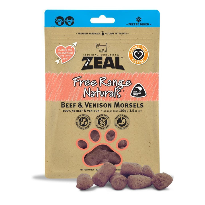 Zeal Free Range Naturals Beef & Venison Morsels Freeze-Dried Pet Treats, 100g - Happy Hoomans